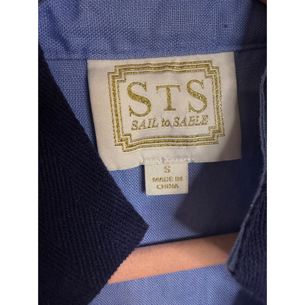 Sail to Sable Blue 100% Linen Sleeveless Shift Dress Navy Trim Preppy Womens S - Picture 3 of 5